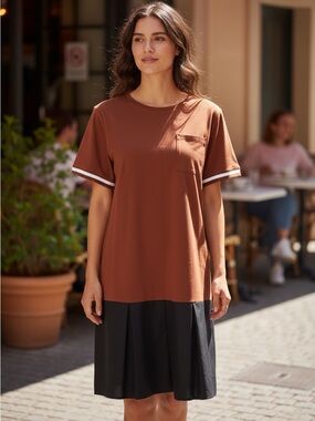 Riva Woman Jersey Knit cotton color block pleated shirt Dress Size Medium